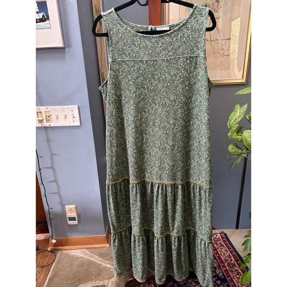 J.Jill Tiered Floral Green Maxi Dress Size L Soft Knit Cottagecore Boho Flowy - Picture 3 of 9